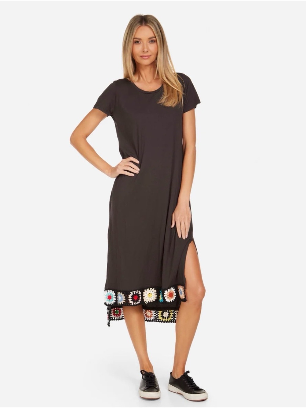 Michael Lauren Lombardi Dress Black Midi Dress with Multicolor Crochet Hem